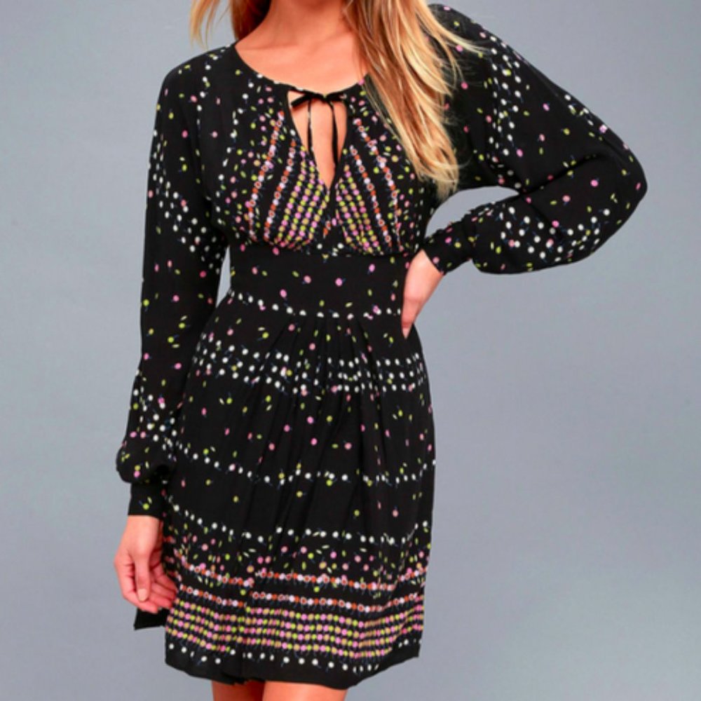 FREE PEOPLE BLACK PRINTED LONG SLEEVE CORYN MINI DRESS